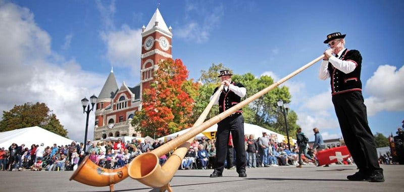 Alphorns being played in Historic Downtown Monroe on the Square